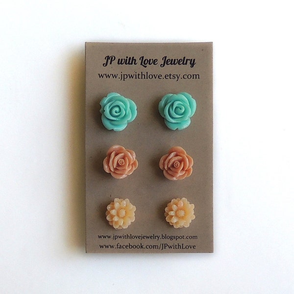 turquoise stud earrings, coral post earrings, peach flower earrings, under 20, gift for women