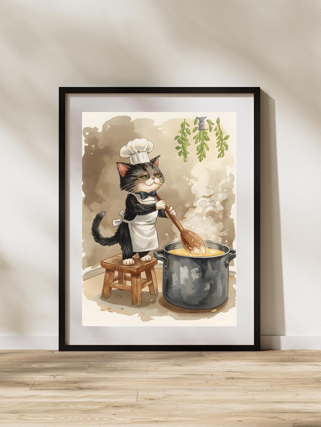 black cat chef art print: boho kitchen cooking poster... Chef Cat Kitchen Poster: Funny Cooking Cat Wall Art Print (digital ...
