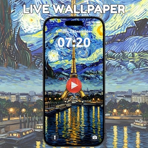 May include: A smartphone displays a live wallpaper featuring a painting of the Eiffel Tower at night, with a starry sky in the style of Van Gogh. The phone's screen shows the time and date. The words "LIVE WALLPAPER" are at the top.