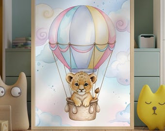 Baby Löwe Heißluftballon Kinderzimmer Poster, beinhaltet quadratisches Format (digitaler Download)