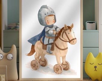 Little Knight on Horse Nursery & Boys Kids Poster, Includes Square Format (Digital Download)