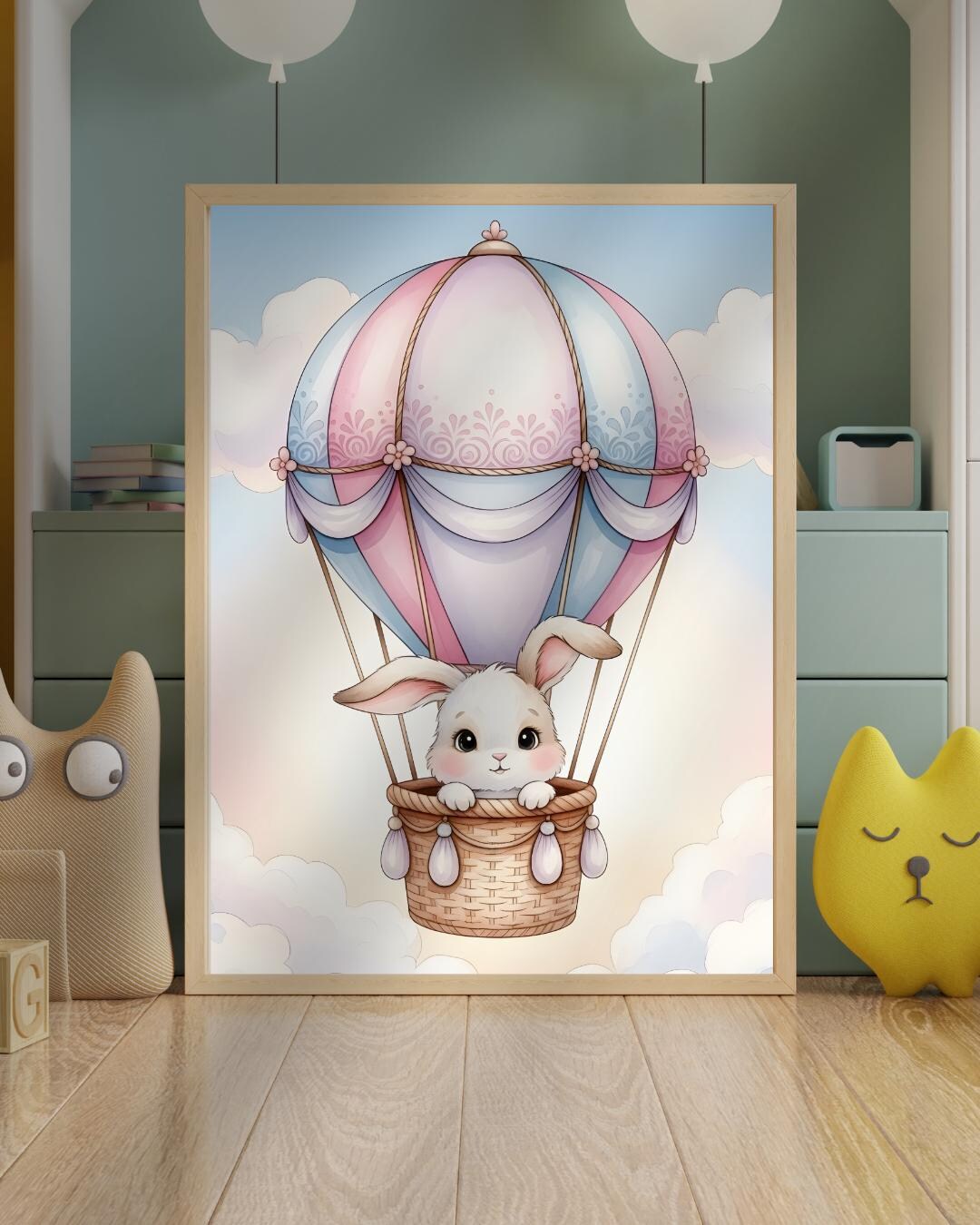 Baby Bunny Hot Air Balloon Nursery Poster, Includes Square Format ...