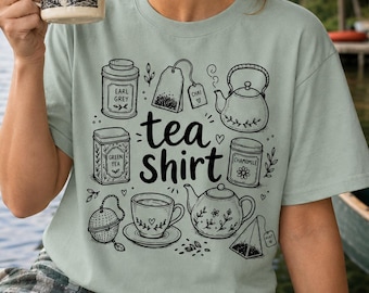Funny Tea Shirt for Tea Drinker | Gift for Tea Lover | Cute Cozy Tea with Collage Drawings on a Comfort Colors 100% Cotton Heavy-weight Tee