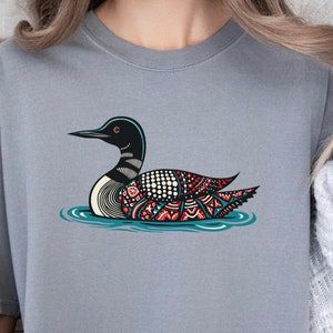 Scandinavian Dala style Common Loon shirt, Scandi Dala Loon Art, Minnesota Northwoods Loon on a Lake, Lake Living Scandinavian Folk Art tee