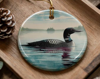 Watercolor Loon Ceramic Ornament, Lake Life Decor
