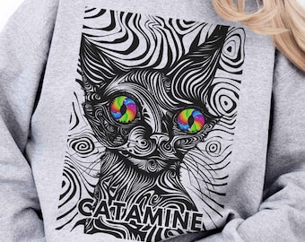 CATAMINE Ketamine Psychedelic Cat Pun sweatshirt, Mental Health Anxiety Depression Ketamine Therapy, Funny Cat Linocut Hallucinogenic Animal