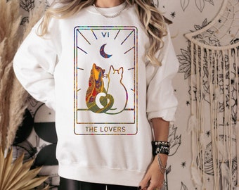 Cat tarot card shirt arcana tarot sweatshirt the lovers Tarot Card sweatshirt Paint Pour inspired design cat tarot card cat design