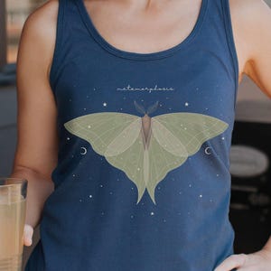 Metamorphosis Luna Moth Racerback Tank Top, Cottagecore Moth Shirt, Goblincore Witchy Apparel, Green Luna Moth Tank, Celestial Butterfly Tee