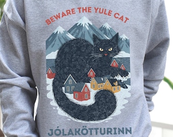 Distressed Beware the Yule Cat Jólakötturinn Shirt | Vintage Look Icelandic Christmas Cat | Yule Cat Eats People Because Why Not