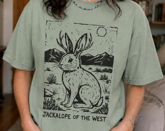 Jackalope Shirt in Tee and Sweatshirt | Western Cryptid Tshirt | Folklore Linocut Animal Shirt | Vintage Western Desert Graphic Tee