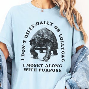 May include: Light blue t-shirt with a black and white graphic of a tortoise. The graphic says "I don't dilly-dally or lollygag I mosey along with purpose".