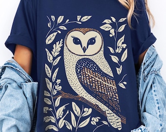 Linocut Owl Shirt, Retro Block Print Owl Design, Cream and Brown Barn Owl T-shirt, Vintage Style Bird Shirt for Bird Lover, Nature Inspired