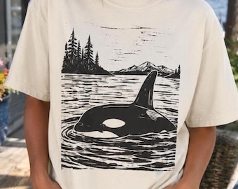 Orca Linocut Style Tee | Unisex Comfort Colors 100% Cotton Tshirt | "Killer Whale" T-shirt