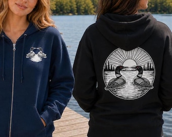 Two Loons on a Lake Zip Up Hoodie | Hooded Sweatshirt with Retro Style Common Loons | Linocut Style Design of Great Lakes Northwood Scene