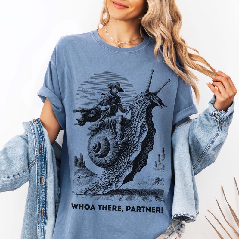 Weirdcore Cowboy Riding a Snail Tshirt, Comfort Colors, Whoa There Partner, Feral, Unhinged, Absurdist, Ironic Meme Shirt, Funny Weird Shirt Blue Jean