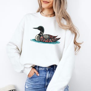 Nordic Folk Art Style Loon Sweatshirt | Scandinavian Styled Common Loon White
