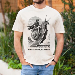 Weirdcore Cowboy Riding a Snail Tshirt, Comfort Colors, Whoa There Partner, Feral, Unhinged, Absurdist, Ironic Meme Shirt, Funny Weird Shirt Ivory
