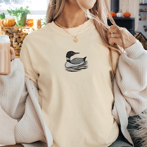 Embroidered Loon Shirt, A Little Bit Loony, Funny Common Loon t shirt, Bird Watcher tee shirt, Loon Gift for her, Birding Lake Living tshirt Ivory