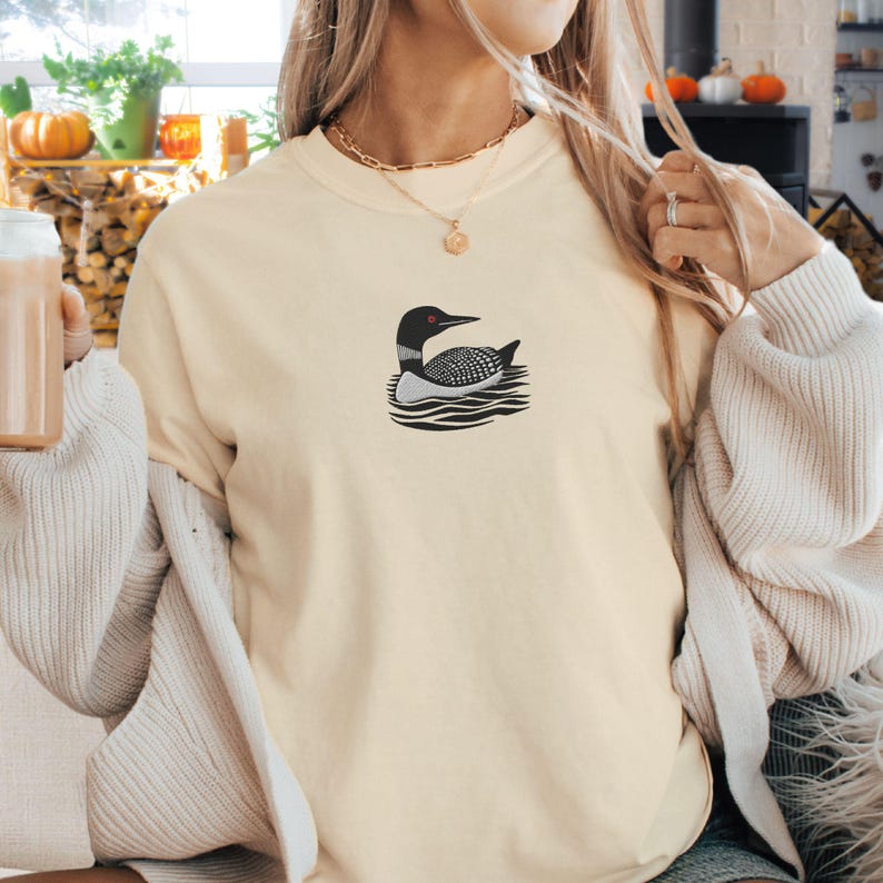 Embroidered Loon Shirt, A Little Bit Loony, Funny Common Loon t shirt, Bird Watcher tee shirt, Loon Gift for her, Birding Lake Living tshirt Ivory