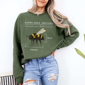 Pu&ograve; includere: Una felpa verde con un'immagine di un bombo e il testo "Bumblebee Anatomy, sharpus bottumus, bum, blebee".