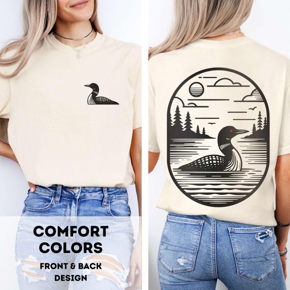 Loon Shirt Front and Back Print on Comfort Colors 100% Cotton T-shirt | Black and White Loon on a Lake Linocut Tee