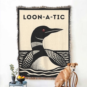Loon-a-tic Funny Common Loon Cotton Blanket, Minnesota Lake Loon Gift, Bird Watcher Woven Tapestry, Loon Gift, Birding Gift for Bird Watcher