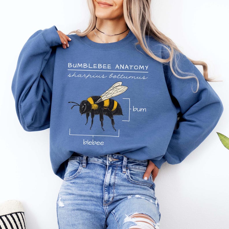 Pu&ograve; includere: Una felpa blu con una grafica di un'ape e il testo "Bumblebee Anatomy sharpius bottimus" con il corpo dell'ape etichettato "blebee" e il suo posteriore etichettato "bum".