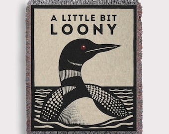 Niestandardowy pleciony koc Loon | Narzuta z bawełny A Little Bit Loony Northwoods 100% | Wystrój domku nad jeziorem Canadian and North Woods | Miłośnicy Loon
