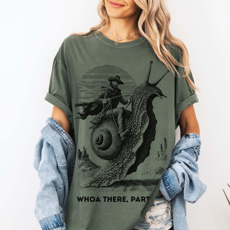 Weirdcore Cowboy Riding a Snail Tshirt, Comfort Colors, Whoa There Partner, Feral, Unhinged, Absurdist, Ironic Meme Shirt, Funny Weird Shirt Moss