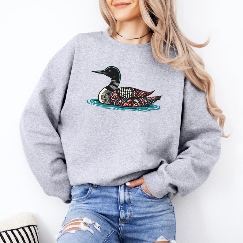 Nordic Folk Art Style Loon Sweatshirt | Scandinavian Styled Common Loon Sport Grey