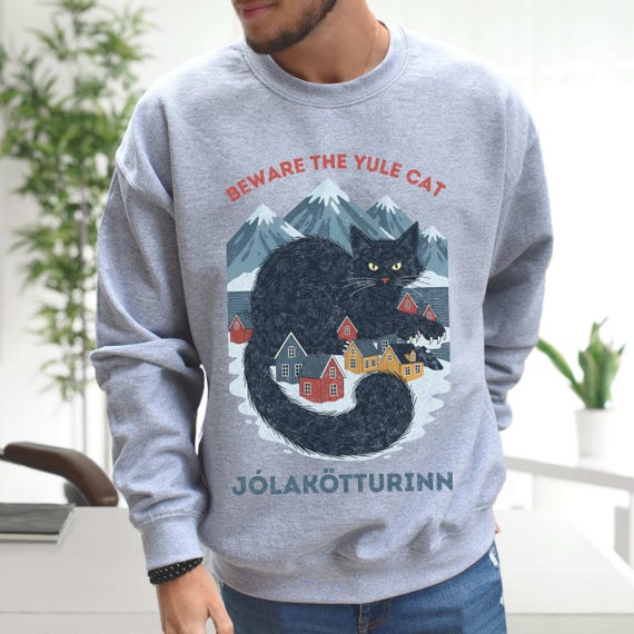 Distressed Beware the Yule Cat Jólakötturinn Shirt | Vintage Look Icelandic Christmas Cat | Yule Cat Eats People Because Why Not