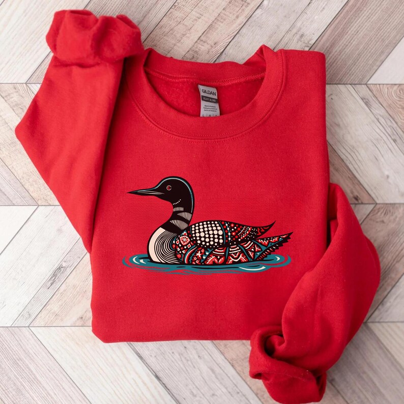 Nordic Folk Art Style Loon Sweatshirt | Scandinavian Styled Common Loon Red
