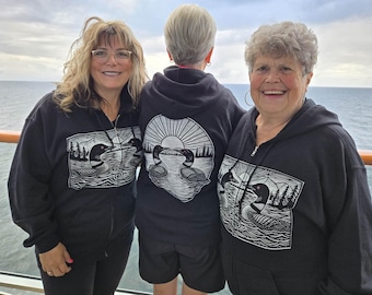Double Sides Loon Sweatshirt | Two Common Loons on a Lake | Linocut Style | Double Sided Print Zip Up Hoodie | Unisex Zip-Up Hooded Sweater