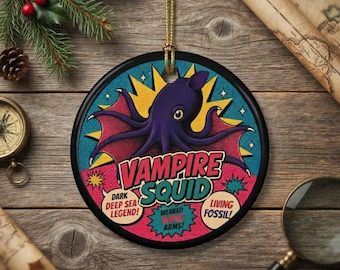 Vampire Squid Christmas Ornament | Deep Sea Legend Art | Pop Art Animal Marine Biologist Gift | Vintage Style Comic | Ocean Creature