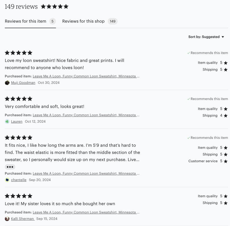 May include: Four customer reviews for a sweatshirt with a loon design. The reviews are all positive and mention the quality of the fabric, the fit, and the overall comfort of the sweatshirt. The reviews also mention that the sweatshirt is great for anyone who loves loons.