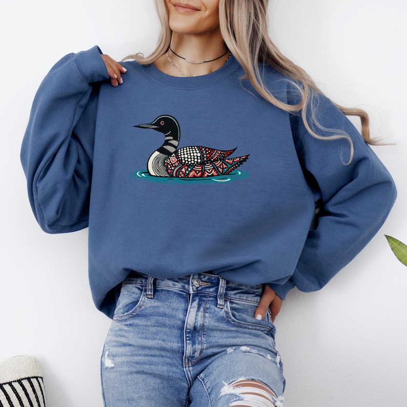Nordic Folk Art Style Loon Sweatshirt | Scandinavian Styled Common Loon image 1