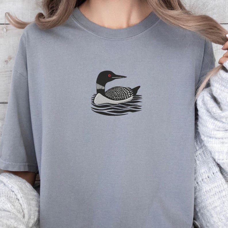 Embroidered Loon Shirt, A Little Bit Loony, Funny Common Loon t shirt, Bird Watcher tee shirt, Loon Gift for her, Birding Lake Living tshirt Grey