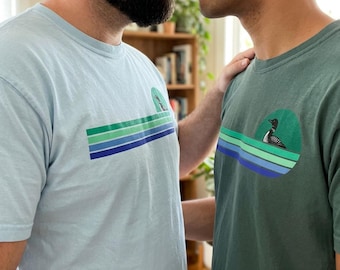 Gay MLM Pride Shirt with Loon | Gay Male Pride T-Shirt | Retro Striped Loon Bird Tee | LGBTQ Outdoors Shirt