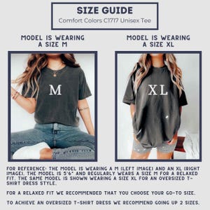 May include: Size guide for a unisex t-shirt. The model is wearing a size M and a size XL. The text reads "Comfort Colors C1717 Unisex Tee".