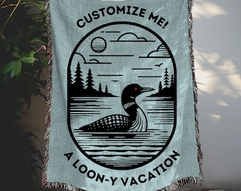 PERSONALIZED Common Loon Woven Throw Blanket, Lake Living Decor for Cabin Cottage, Lake House Blanket housewarming gift, Custom Lake Gift