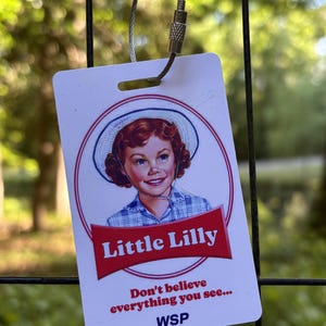 May include: A rectangular white luggage tag with a metal cable loop. The tag features a graphic of a smiling child in a hat and blue plaid shirt, with the red text Little Lilly, the phrase Don't believe everything you see, and the letters WSP.