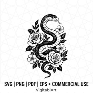 Op de afbeelding: Zwart-wit illustratie van een slang die zich tussen rozen en bloemen wringt. De slang heeft een gespleten tong. De tekst onderaan luidt: "SVG | PNG | PDF | EPS + COMMERCIAL USE".