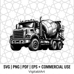 Puede incluir: Una ilustración gráfica en blanco y negro de un camión hormigonera con un gran tambor giratorio, un tubo de escape vertical y neumáticos resistentes. El diseño incluye el texto SVG | PNG | PDF | EPS + COMMERCIAL USE y VigitablArt.