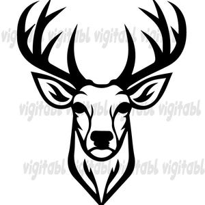 May include: A black and white graphic of a deer's head, featuring detailed antlers and a stylized design. The image is a front-facing view, with the deer's face and antlers prominently displayed against a white background.