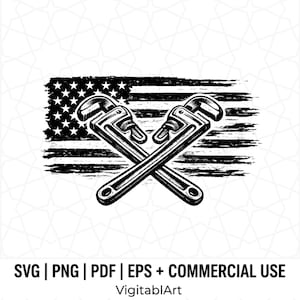 May include: A black and white graphic illustration featuring two crossed pipe wrenches positioned over a distressed American flag design. The image includes the text SVG | PNG | PDF | EPS + COMMERCIAL USE and the brand name VigitablArt.