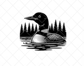 May include: Black and white illustration of a loon swimming in water, with a forest silhouette in the background. The loon has a detailed pattern on its body. The image includes the text "SVG | PNG | PDF | EPS + COMMERCIAL USE" and "VigitablArt".