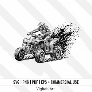 Pode incluir: Ilustração a preto e branco de uma pessoa a andar de quadriciclo. O quadriciclo tem pneus grandes e um pára-choques dianteiro de proteção. O condutor usa capacete e equipamento de proteção. A imagem inclui o texto "SVG | PNG | PDF | EPS + COMMERCIAL USE" e "VigitalArt".