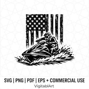 Könnte beinhalten: Eine schwarz-weiße grafische Illustration einer Person auf einem Jetski vor einer gealterten amerikanischen Flagge. Das Design zeigt dynamische Wasserspritzer und den Text SVG | PNG | PDF | EPS + COMMERCIAL USE VigitablArt.
