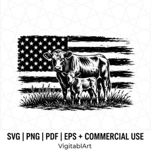 May include: A black and white graphic illustration featuring a cow and a calf standing in a field of grass in front of a distressed American flag. The text at the bottom reads SVG | PNG | PDF | EPS + COMMERCIAL USE and VigitablArt.