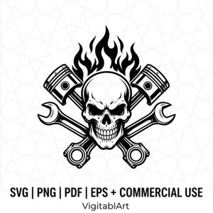 SVG de garaje con calavera, diseño de mecánico con calavera en llamas, imágenes prediseñadas de calavera con pistón, SVG de mecánico de coches, descarga instantánea, SVG PNG DXF